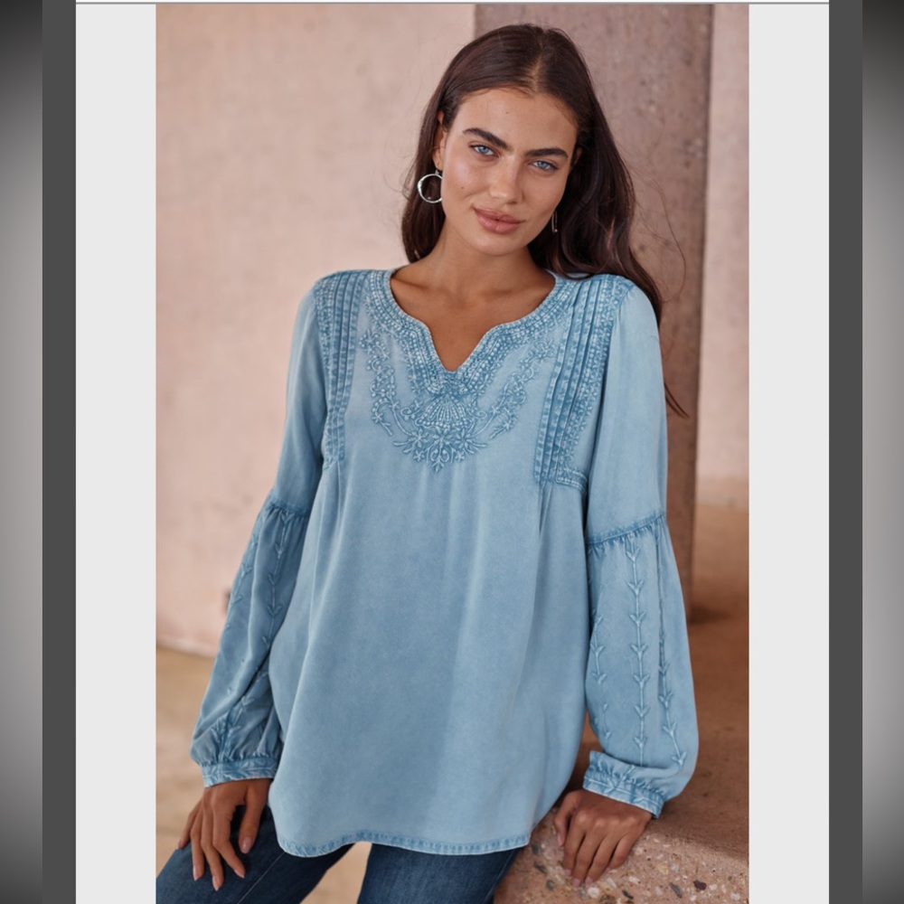 NWT J.Jill Pure Jill Washed Embroidered Top in Light Cameo Blue